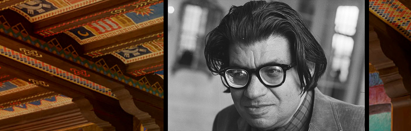 Portrait of Feldman with image of the concert hall ceiling in background