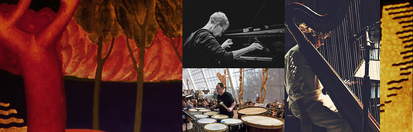 Collage showing a pianist, a percussionist with timpani, and a harpist, overlaid on an abstract background with bold red, yellow, black, and green curved shapes and lines.